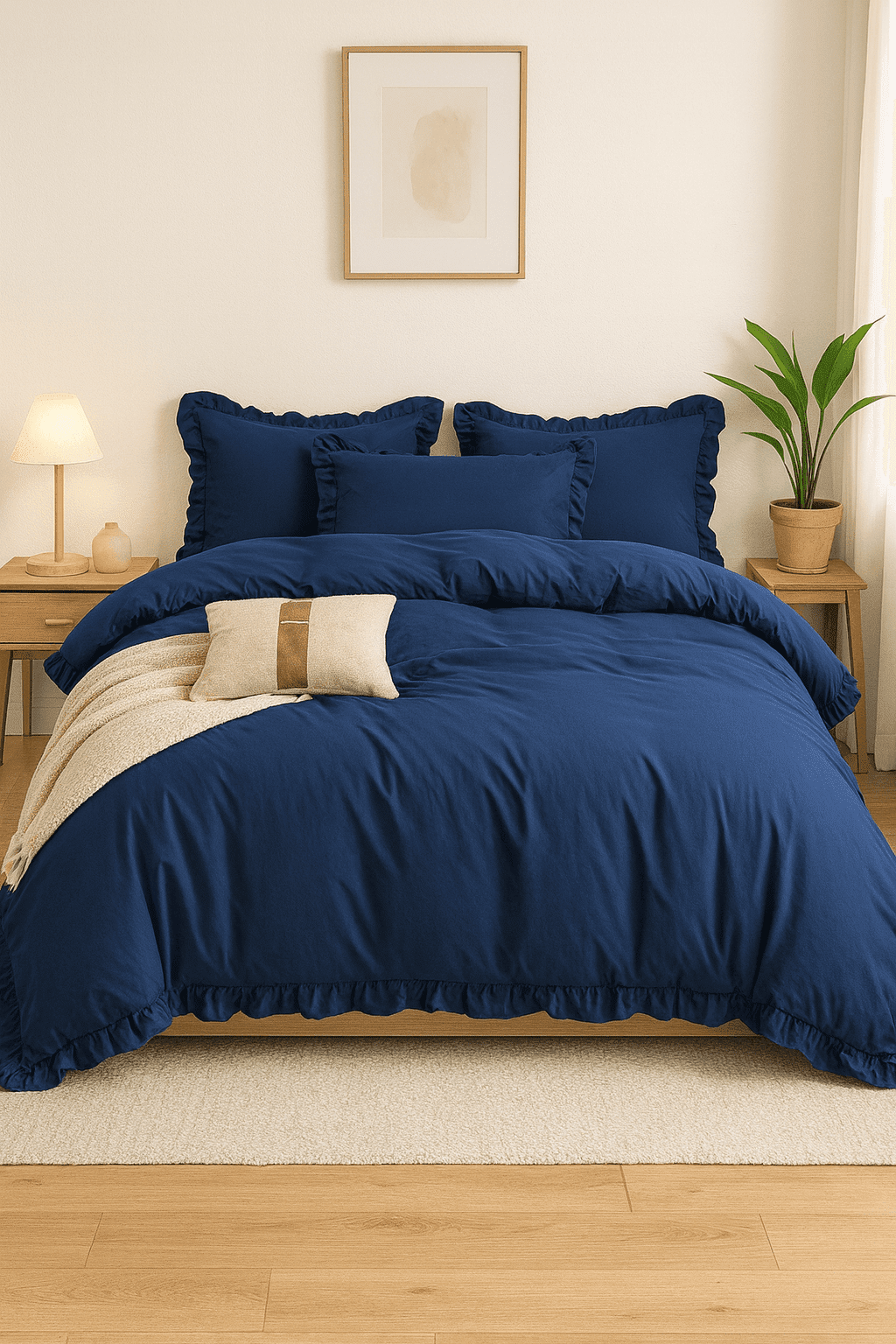 Pościel 3 częściowa granatowa z falbanami