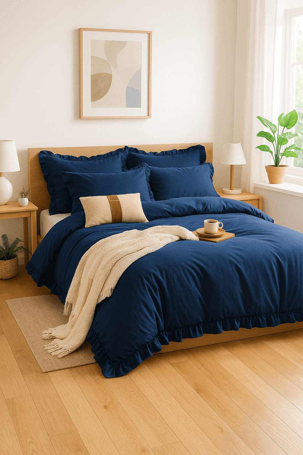 Pościel 3 częściowa granatowa z falbanami 3