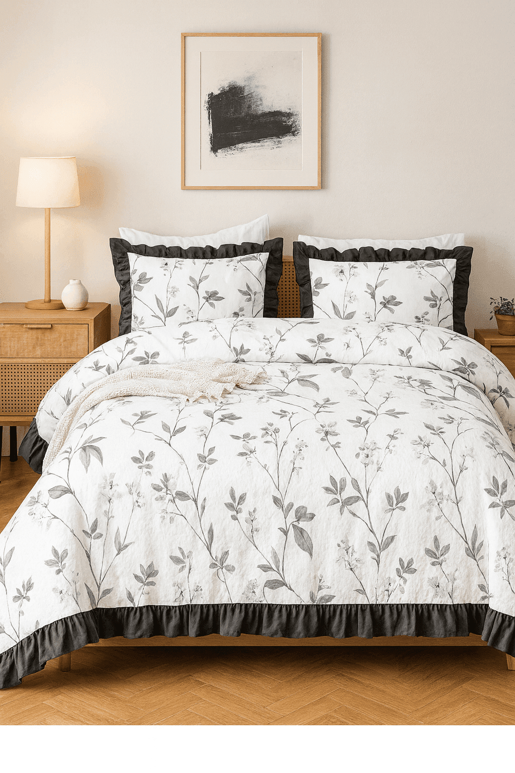 Pościel 3 częściowa we wzory w szare kwiaty z falbanami