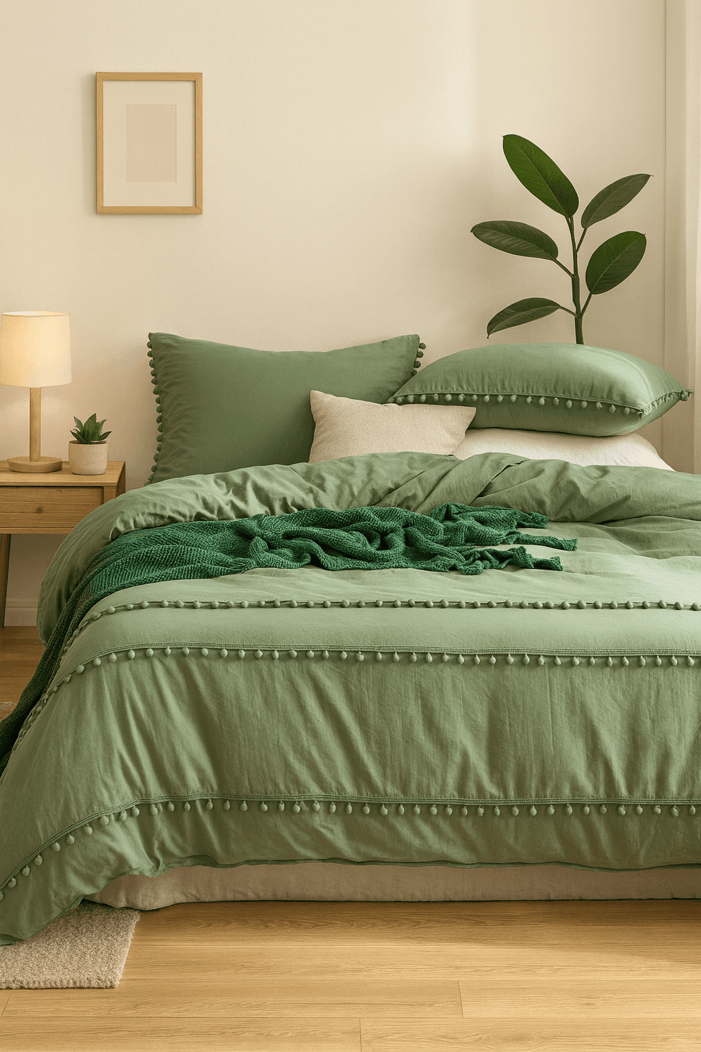 Pościel 3 częściowa z pomponami pastelowa zieleń 200x220